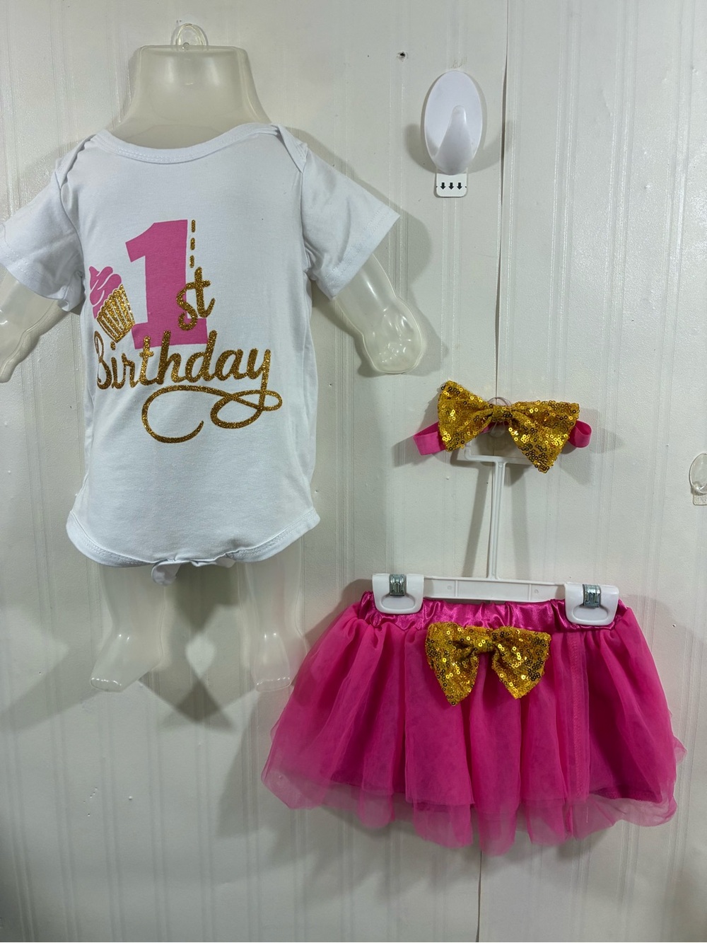 1st Birthday Girls White & Hot Pink Tutu Outfit with Gold Accents